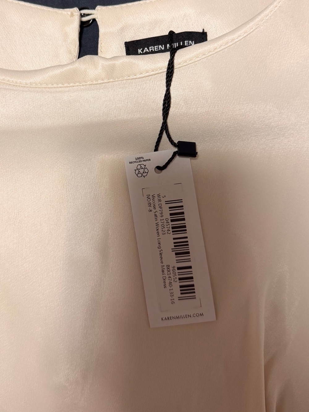 Karen Millen Viscose Satin Woven Long Sleeve Maxi Dress - Ivory - Picture 7 of 7